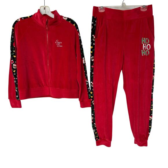 No Boundaries Track Suit Christmas Santa Cat Red Velour Jacket Pants Juniors 11 - Picture 1 of 16